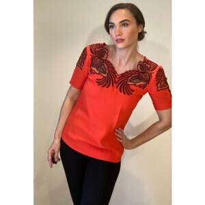 Stella McCartney Orange Purple Floral Embroidered Blouse Peek-a-boo Back ~ Sz 38